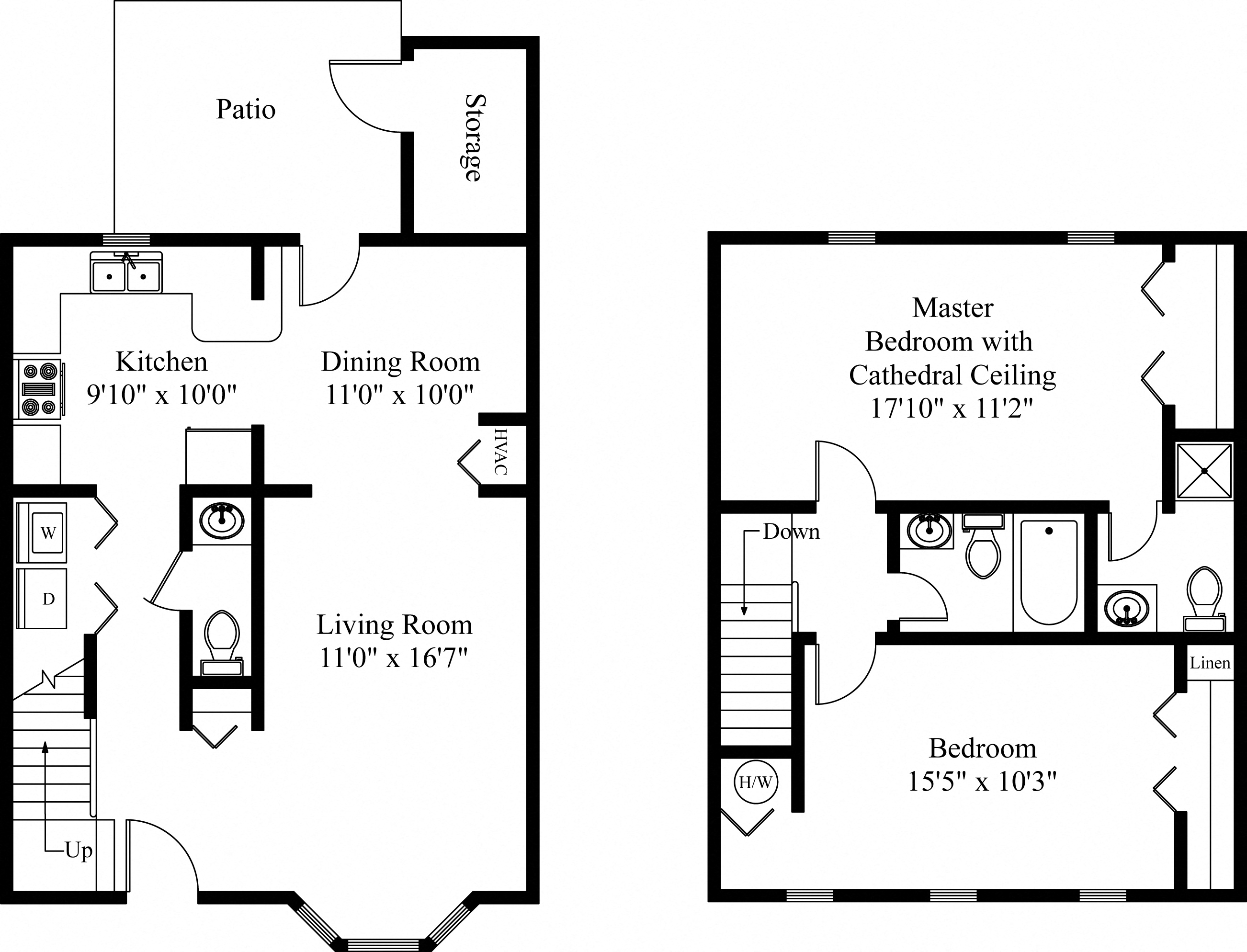 Floor plan for 2 beds, 2.5 baths, 1140 sqft